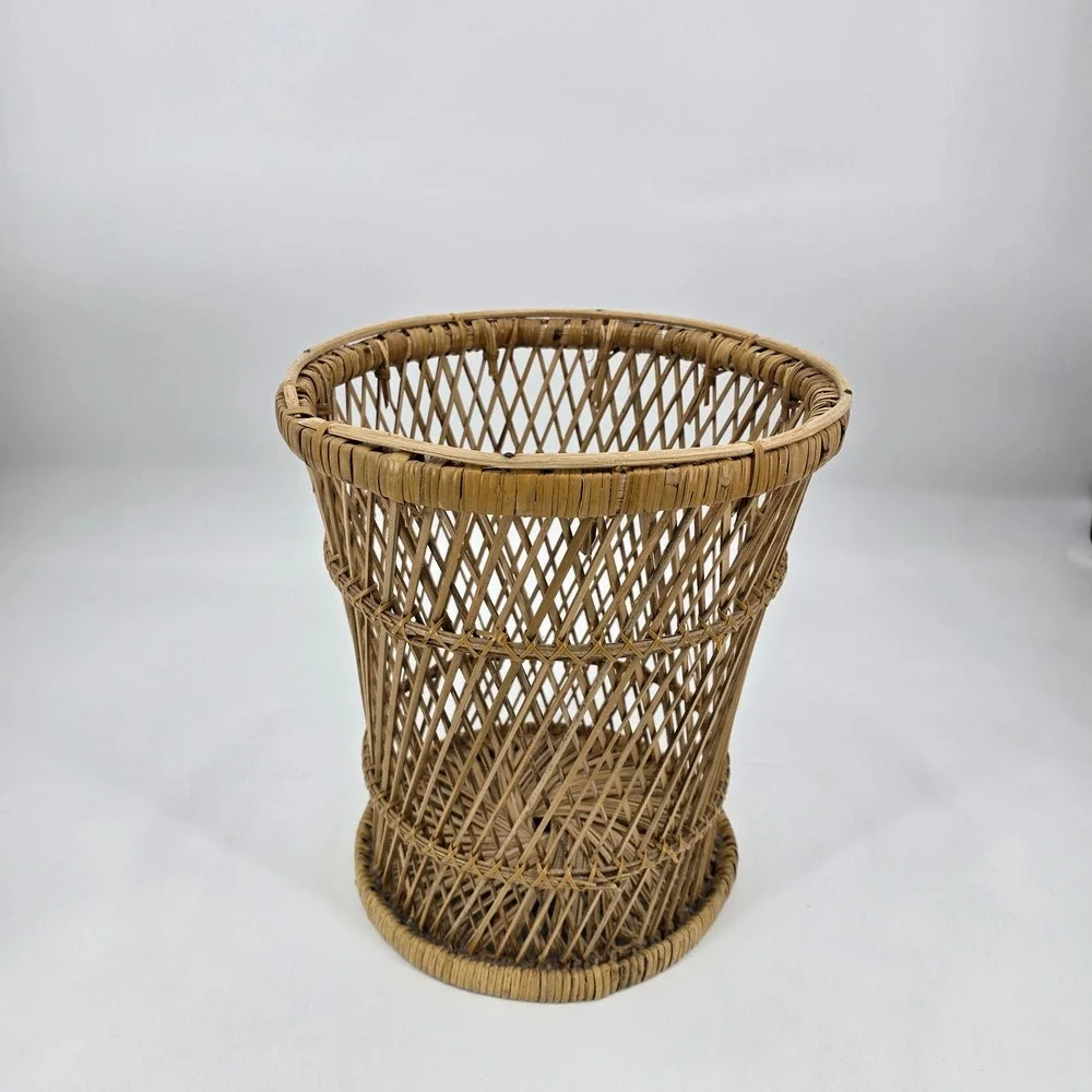 Vintage Wicker Rattan Wastebasket Handwoven Boho Coastal Storage Basket Decor